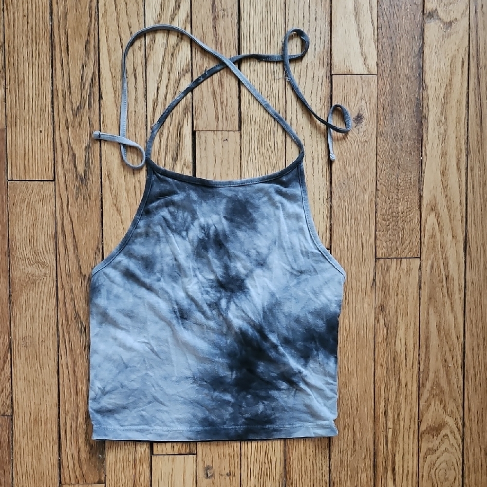 Brandy Melville Black and Gray Tie-Die Tie Up Hater Top